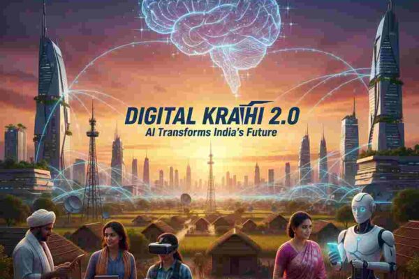 A futuristic India with AI robots, holographic data, and technology revolution under Digital Kranti 2.0.
