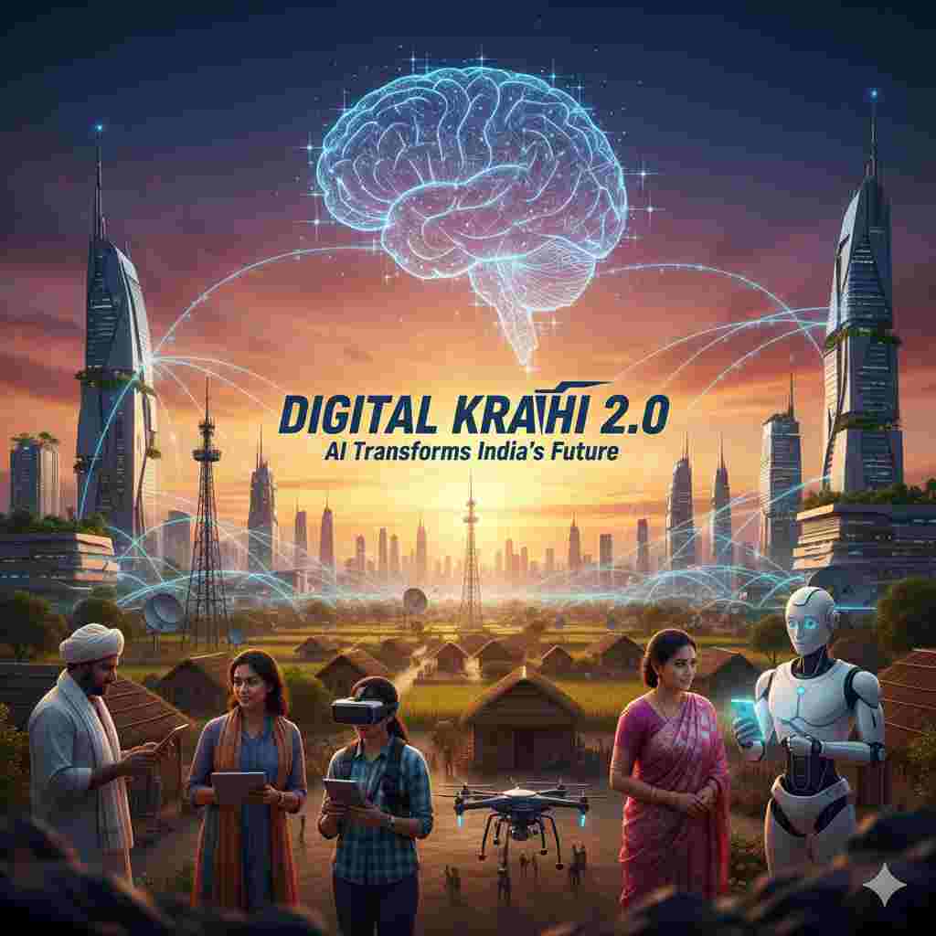 A futuristic India with AI robots, holographic data, and technology revolution under Digital Kranti 2.0.