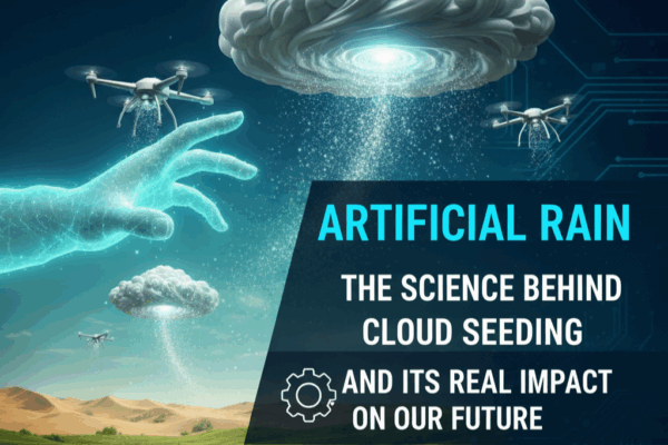 Artificial Rain (Cloud Seeding) thumbnail showing a digital hand reaching down from a dark, tech-infused sky to seed a swirling cloud with bright particles, causing rain over a green landscape bordering a desert. The text reads: "Artificial Rain: The Science Behind Cloud Seeding and Its Real Impact on Our Future."