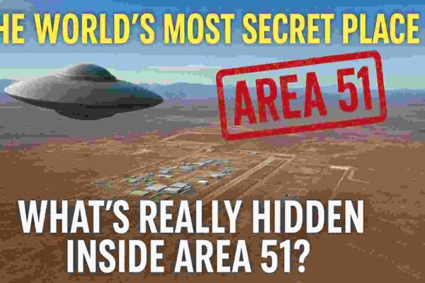 Aerial view of Area 51 desert base with a flying UFO and bold text reading “The World’s Most Secret Place – What’s Really Hidden Inside Area 51?”