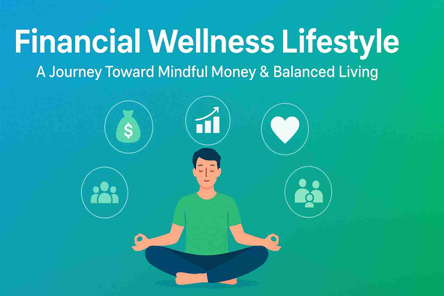 A person meditating surrounded by finance icons like money, family, and health — symbolizing the concept of Financial Wellness Lifestyle in Hindi.”