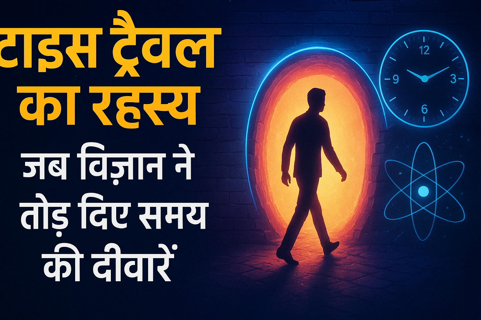 "एक व्यक्ति चमकदार समय पोर्टल में प्रवेश करते हुए, बैकग्राउंड में घड़ी और परमाणु के चिन्ह के साथ – टाइम ट्रैवल का रहस्य दर्शाता हुआ थंबनेल।"