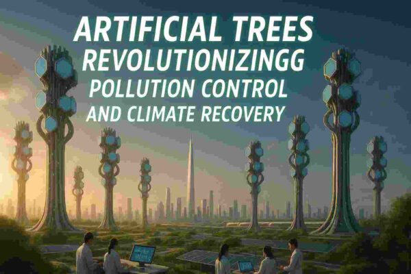Futuristic city with advanced artificial trees filtering air pollution, featuring scientists working with digital screens and sustainable energy systems.