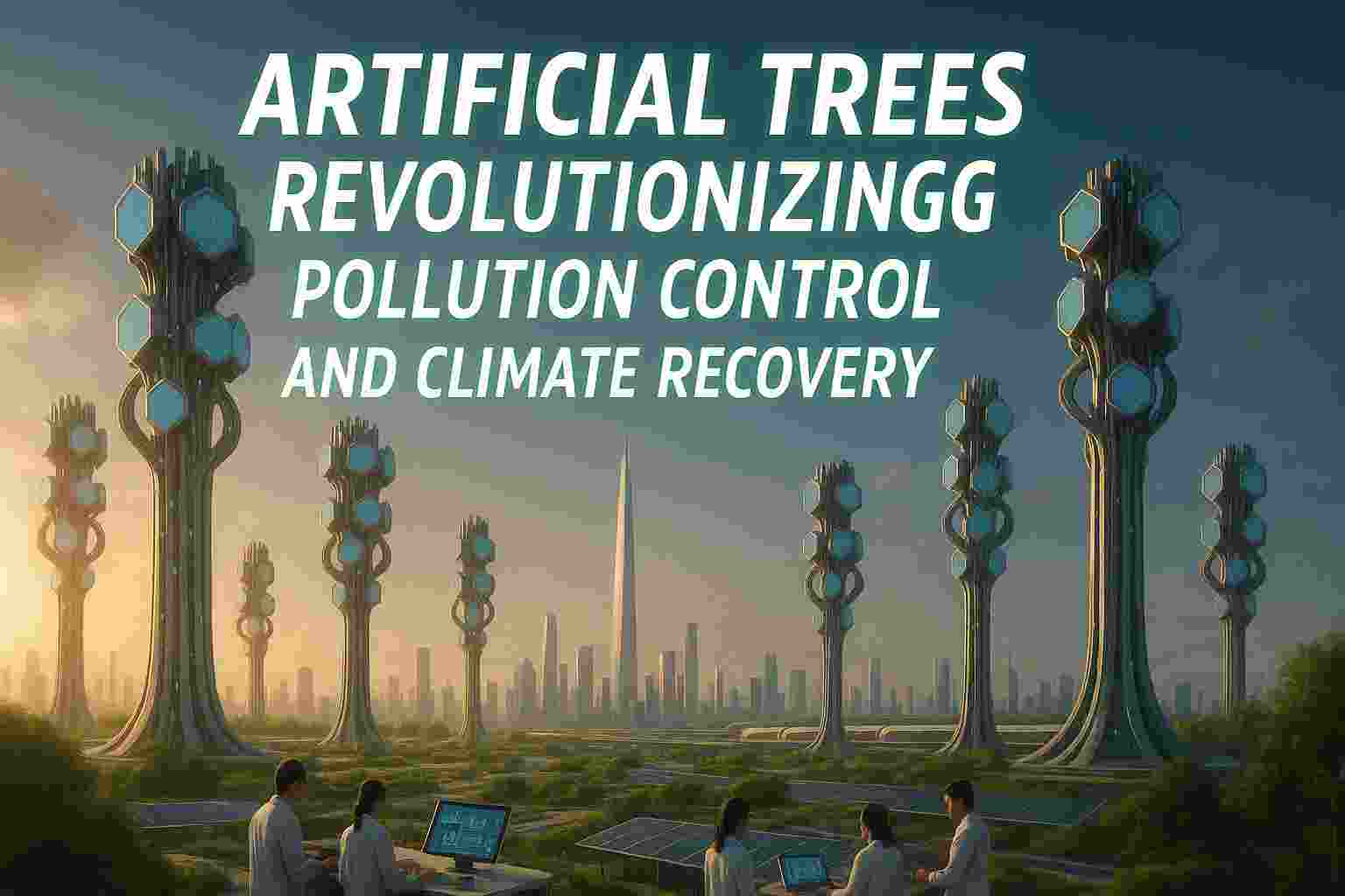 Futuristic city with advanced artificial trees filtering air pollution, featuring scientists working with digital screens and sustainable energy systems.