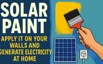 “Hand applying solar paint on a wall with a small solar panel and power socket, representing electricity generation through solar paint.”