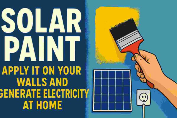 “Hand applying solar paint on a wall with a small solar panel and power socket, representing electricity generation through solar paint.”