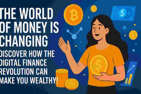 Digital Finance Revolution Concept – Woman holding coin with Bitcoin and digital money icons symbolizing the changing world of money and online wealth growth.