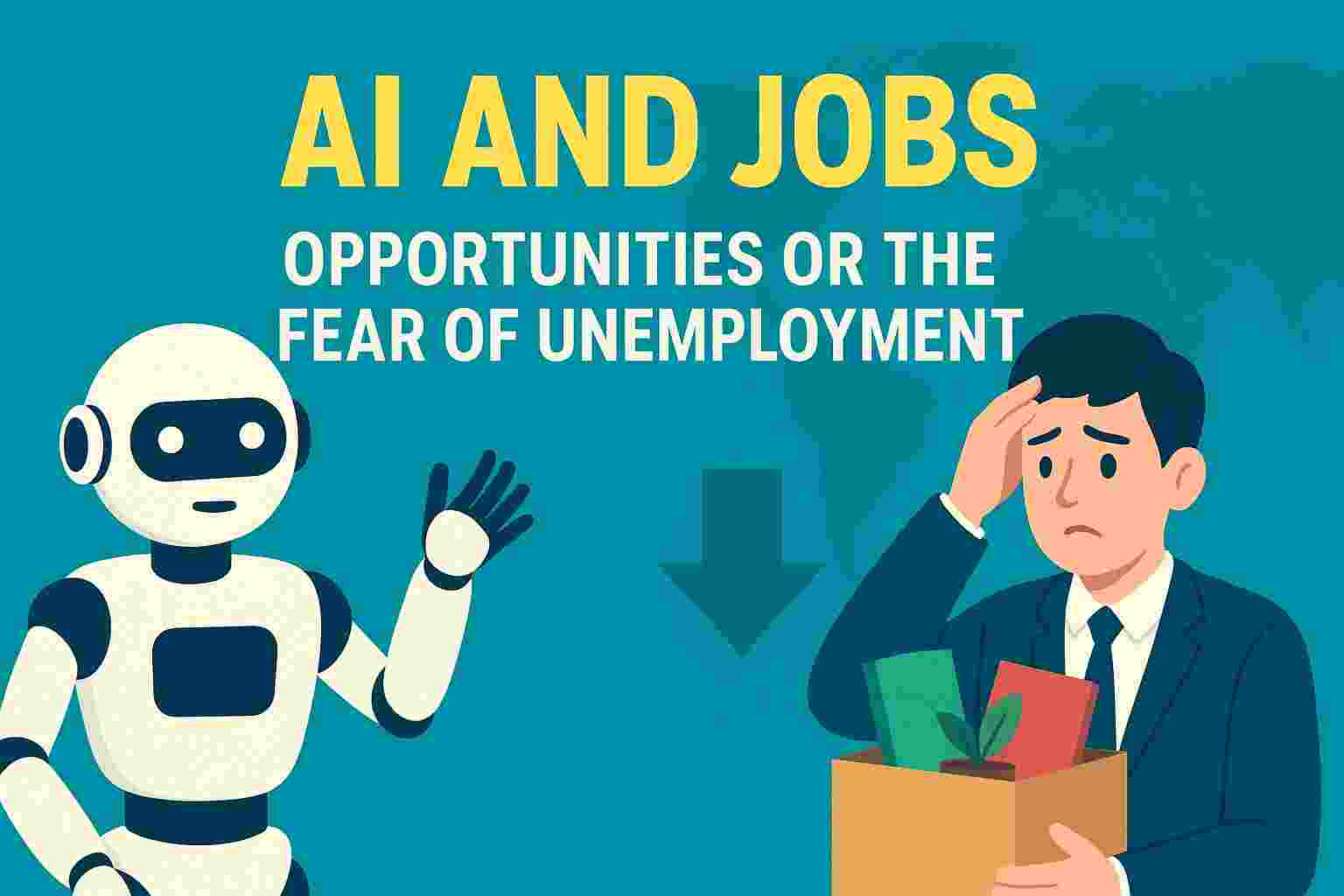 Illustration showing AI robot and a worried employee holding a box, representing the impact of Artificial Intelligence on jobs and unemployment fears.